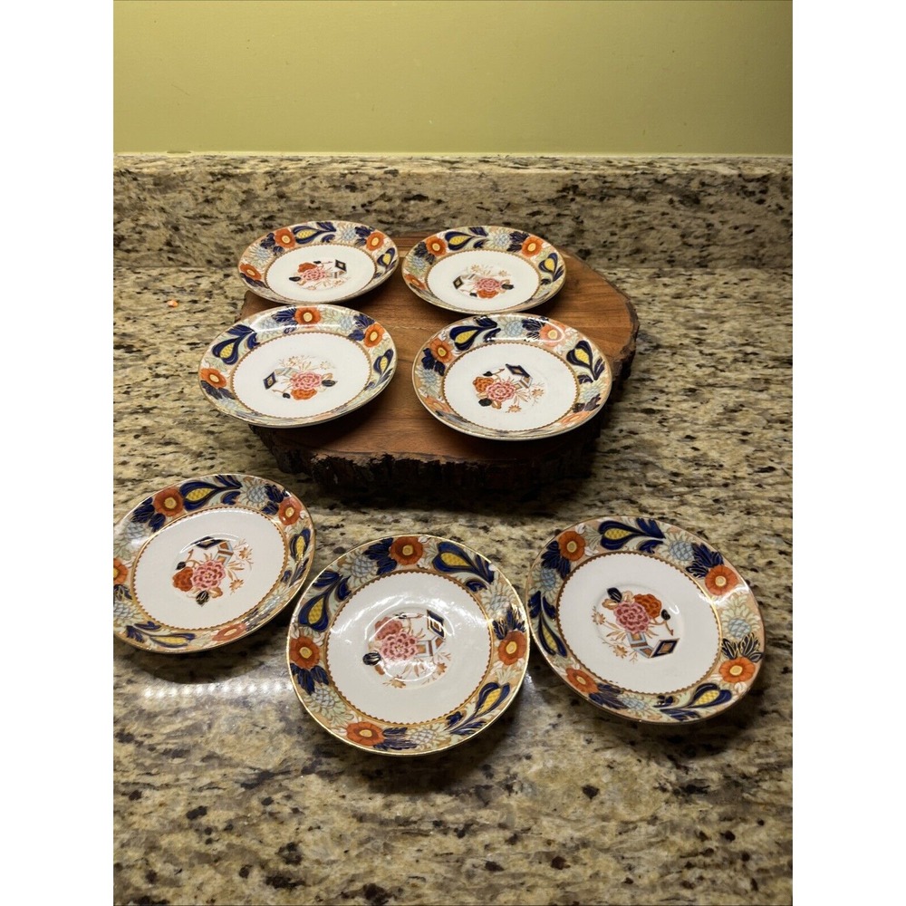 Wood Sons WINCANTON 7 Saucers Blue Rust gold trim Woods Ware‎